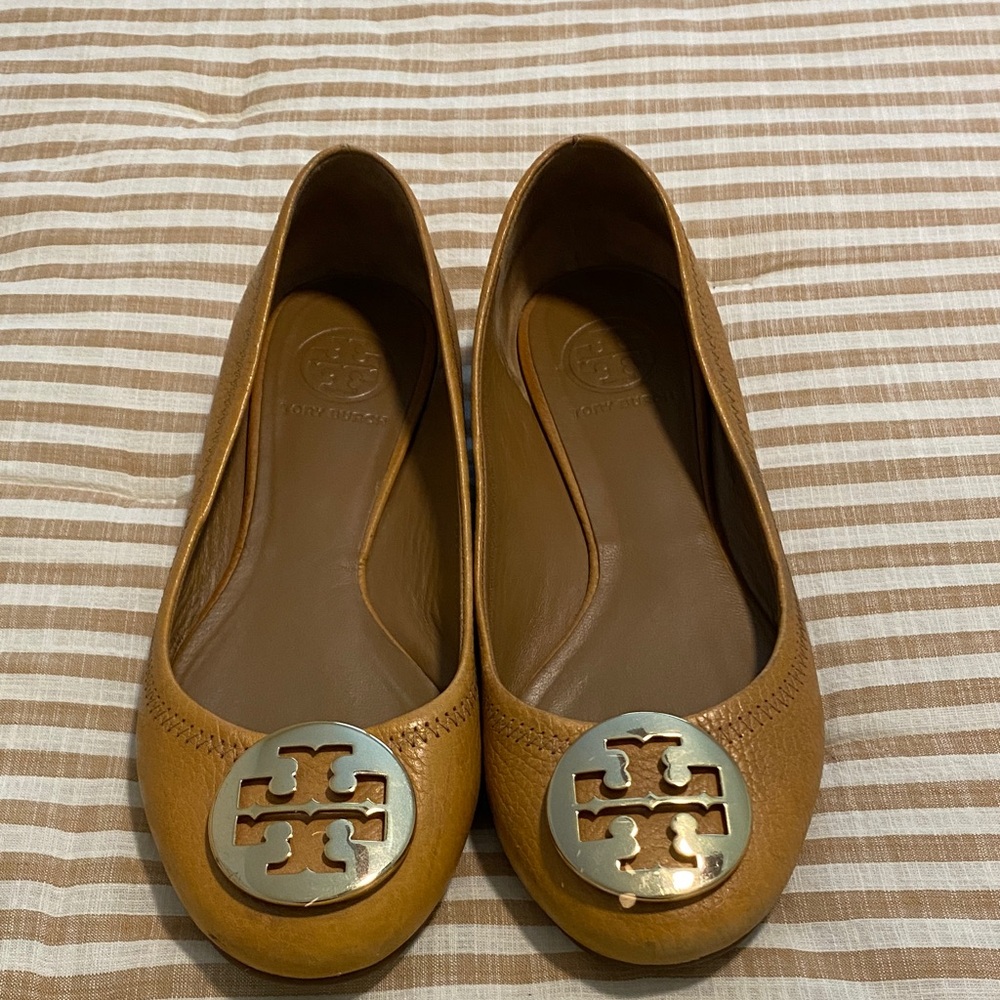 Tory Burch Gold Logo Tan Flats